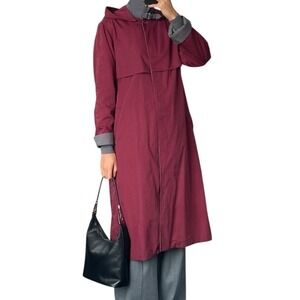 London Fog Vintage Burgundy Hooded Trench Coat Longline Rain Jacket Women 10 Reg